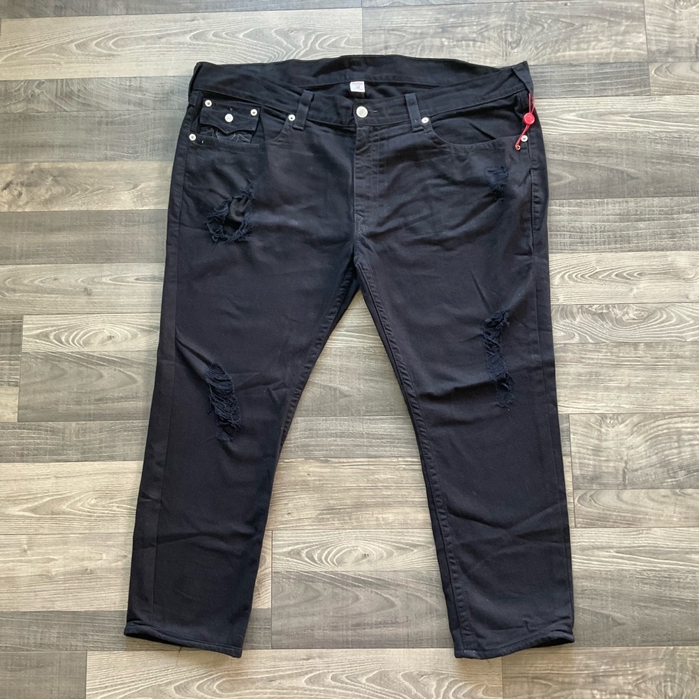 44x28 True Religion Straight w/ Flap Jeans Men’s All Black Distressed
